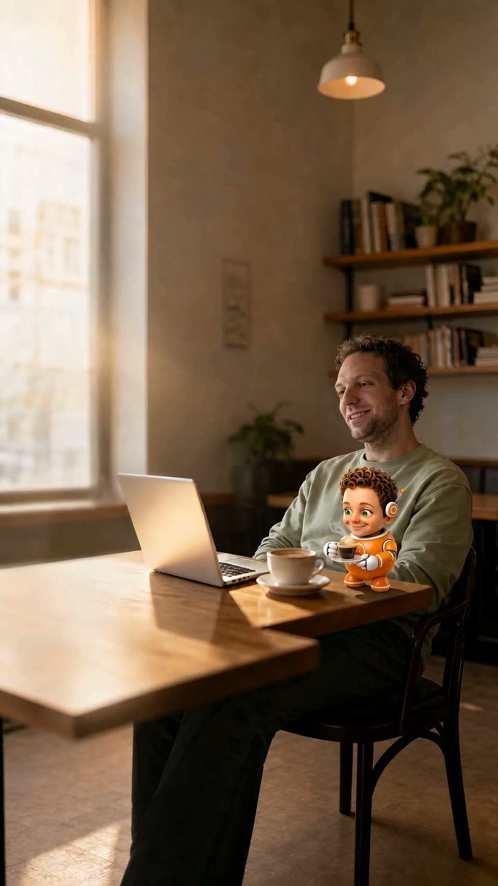 Roy Vader aan een cafétafel met zijn AI-assistent Sam