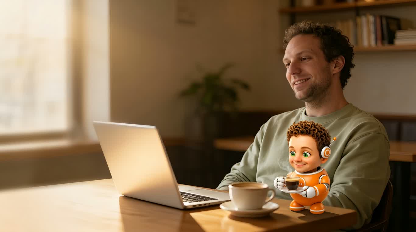 Roy Vader aan een cafétafel met zijn AI-assistent Sam