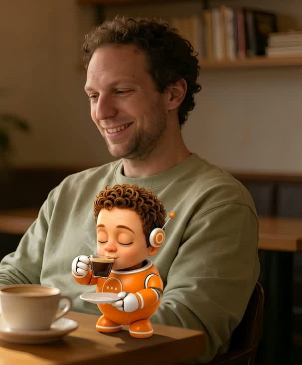 Roy Vader lacht naar zijn assistent Sam, die met twee handen een kopje koffie drinkt.