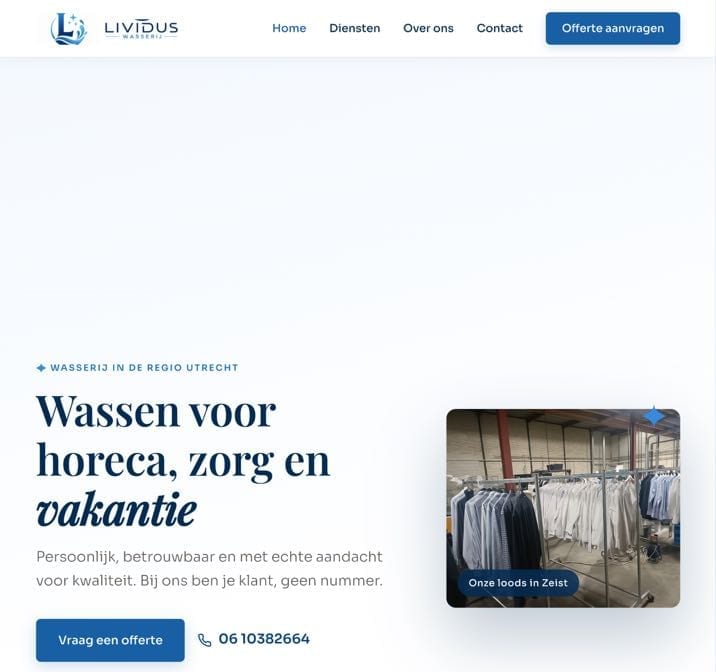 De bovenkant van wasserijlividus.nl, met de kop Wassen voor horeca, zorg en vakantie.