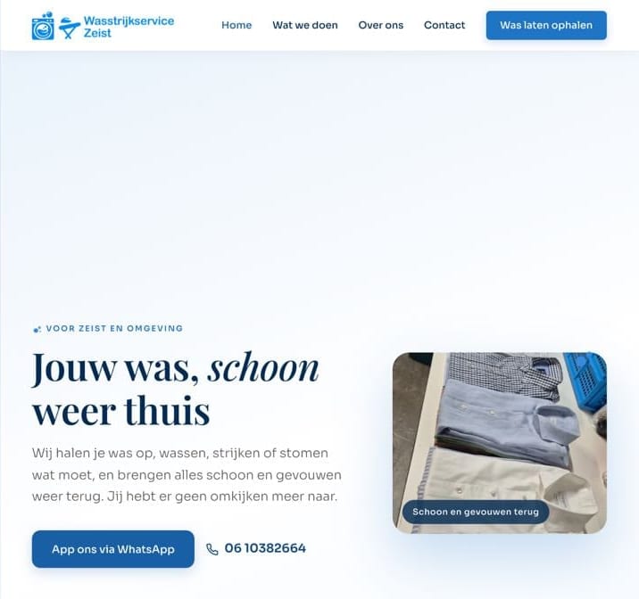 De bovenkant van wasstrijkservicezeist.nl, met de kop Jouw was, schoon weer thuis.