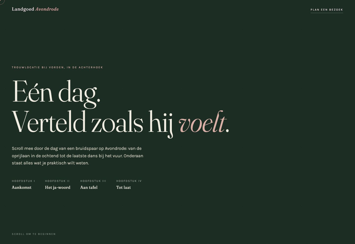 Schermafbeelding van de voorbeeldsite Landgoed Avondrode: een homepage die als scrollverhaal de trouwdag vertelt.