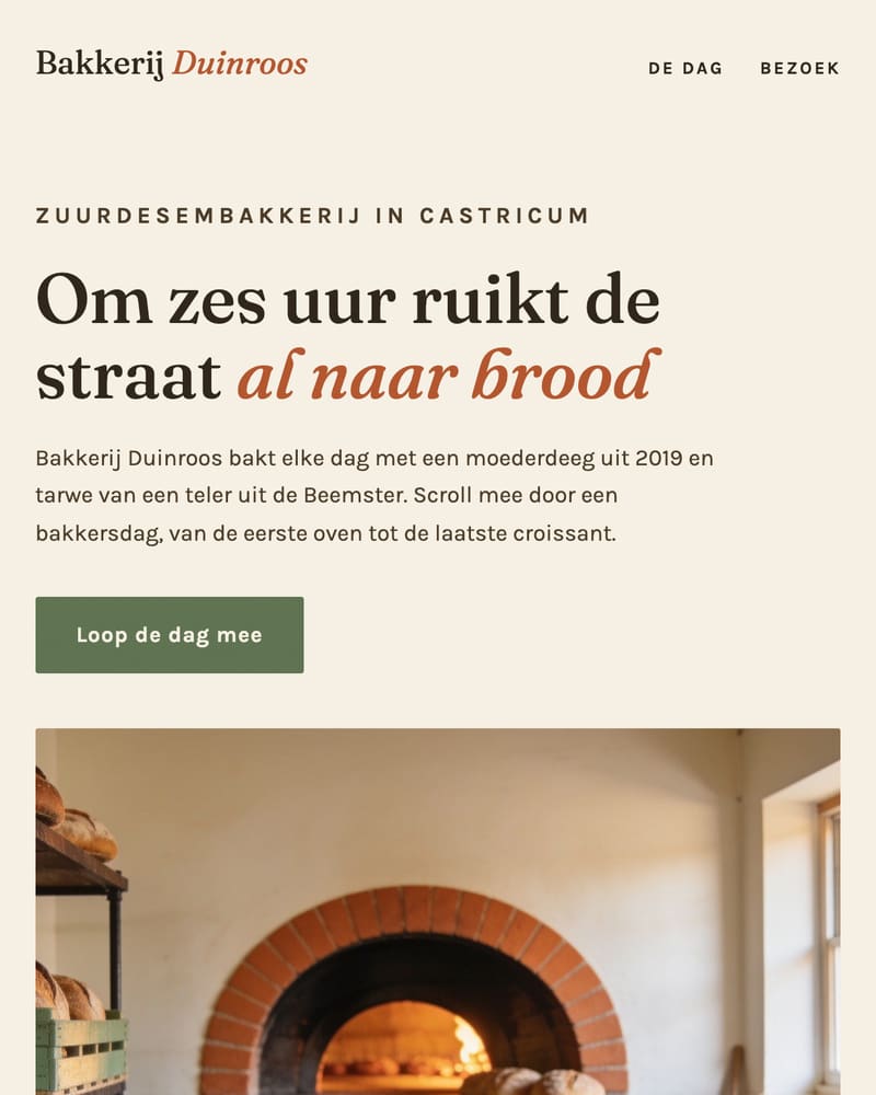 Schermafbeelding van de voorbeeldsite Bakkerij Duinroos: een warme, ambachtelijke homepage voor een bakkerij.