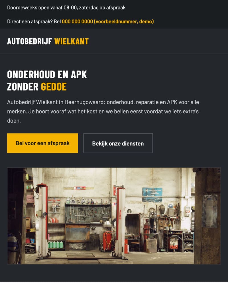 Schermafbeelding van de voorbeeldsite Autobedrijf Wielkant: een stoere, no-nonsense homepage voor een garagebedrijf.