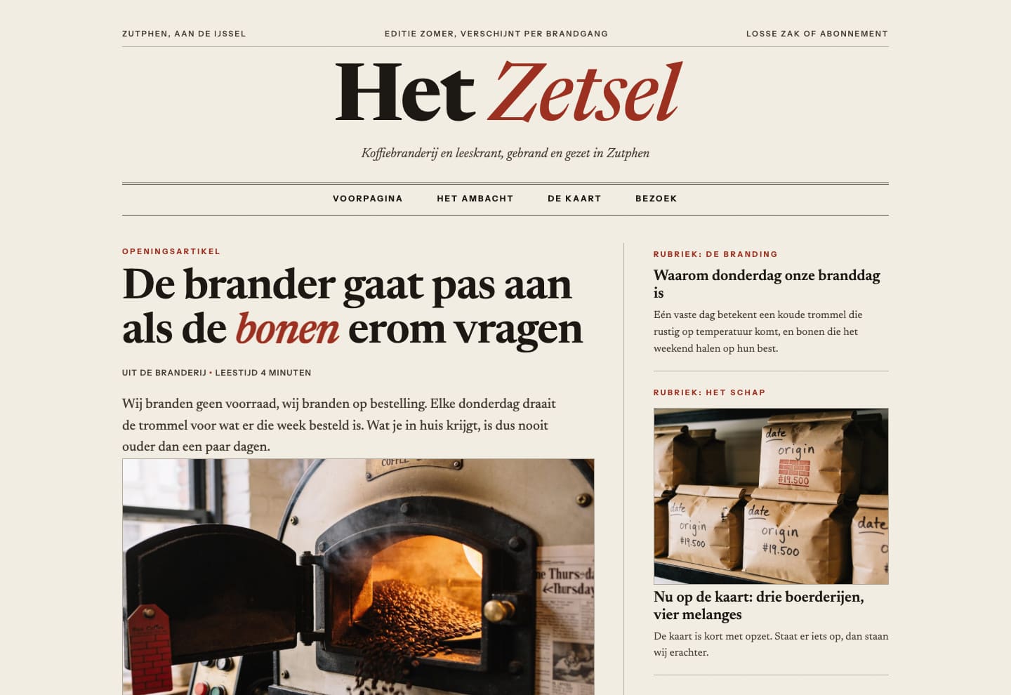 Schermafbeelding van de voorbeeldsite Koffiebranderij Het Zetsel: een homepage die is opgezet als een magazine.